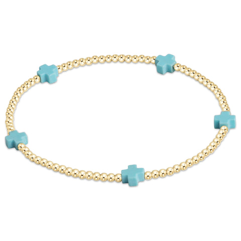 Signature Cross Small Gold Pattern 2mm Bead Bracelet | Turquoise
