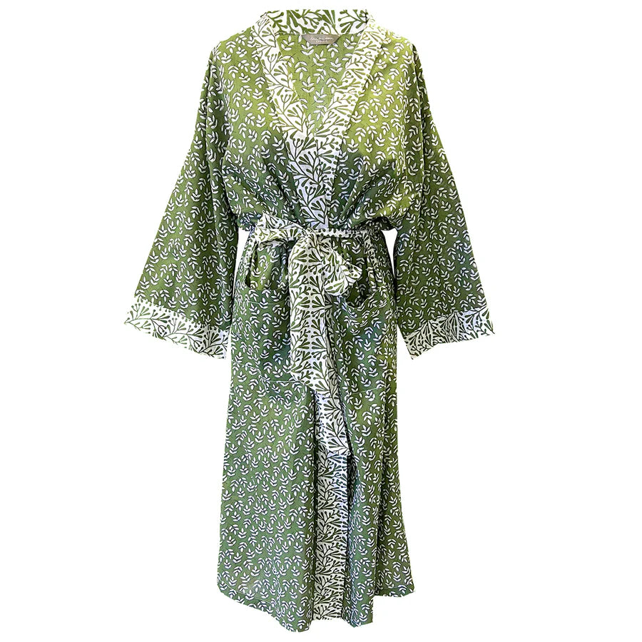 Long Cotton Kimono - Green Falling Leaf