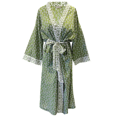 Long Cotton Kimono - Green Falling Leaf