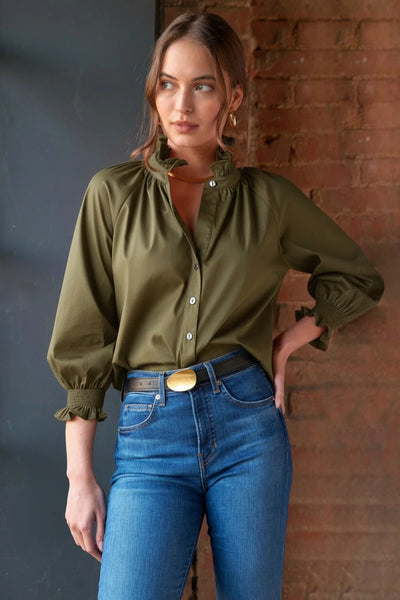 Fiona Ruched Olive| Poplin Shirt with a Ruffle Neckline and 3/4 Blouson Sleeves
