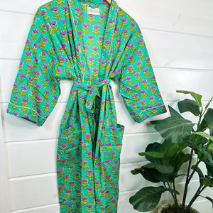Aqua Floral Block Printed Robe