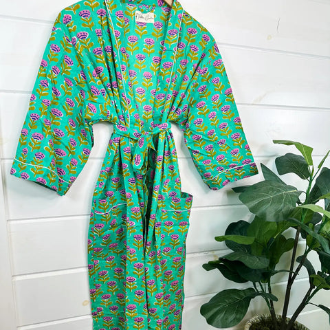 Aqua Floral Block Printed Robe