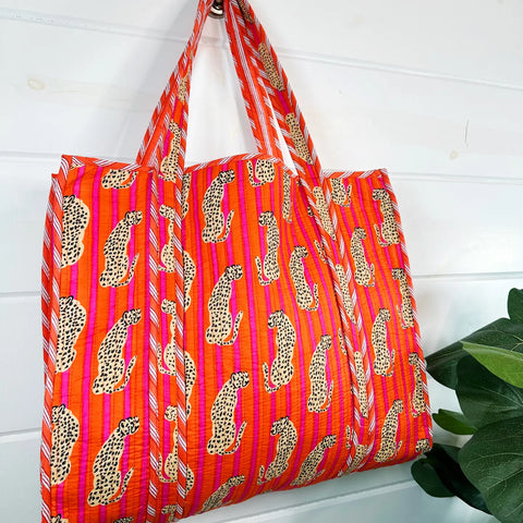 Block Printed Jaguar Large Quilted Tote Bag