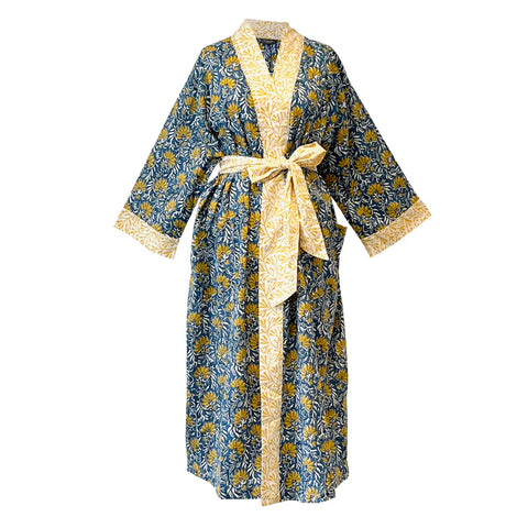 Long Cotton Kimono - Jaipur Blue & Yellow