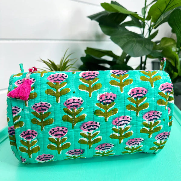 Block Printed Aqua Floral Quilted Cosmetic Bag