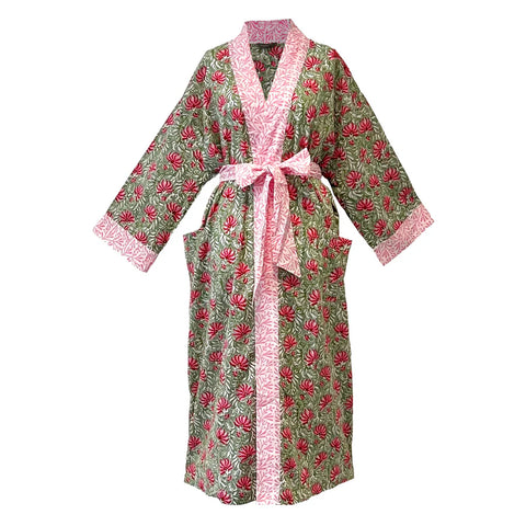 Long Cotton Kimono - Jaipur Green/Pink