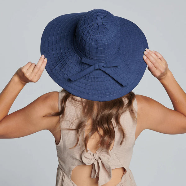 Women's Large Brim Ribbon Hat with a Bow | Denim