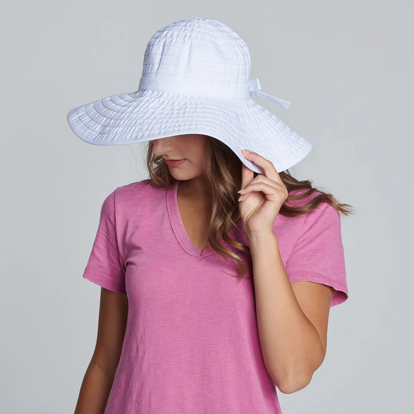 Women's Large Brim Ribbon Hat with a Bow | White