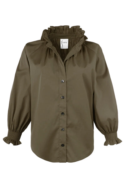 Fiona Ruched Olive| Poplin Shirt with a Ruffle Neckline and 3/4 Blouson Sleeves