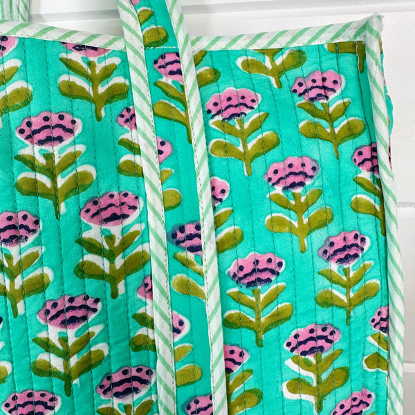 Block Printed Aqua Floral Large Quilted Tote