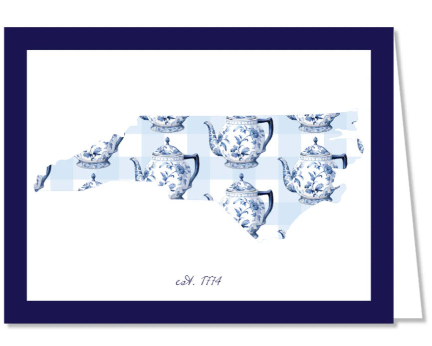 Gingham Teapots + Navy Folded Notecards