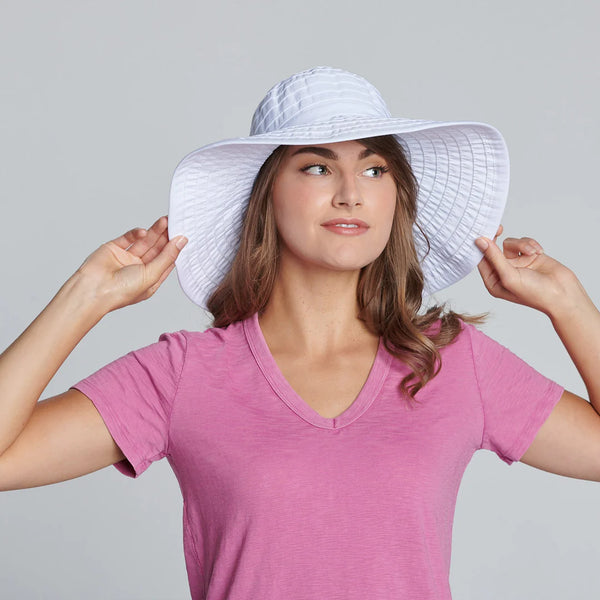 Women's Large Brim Ribbon Hat with a Bow | White