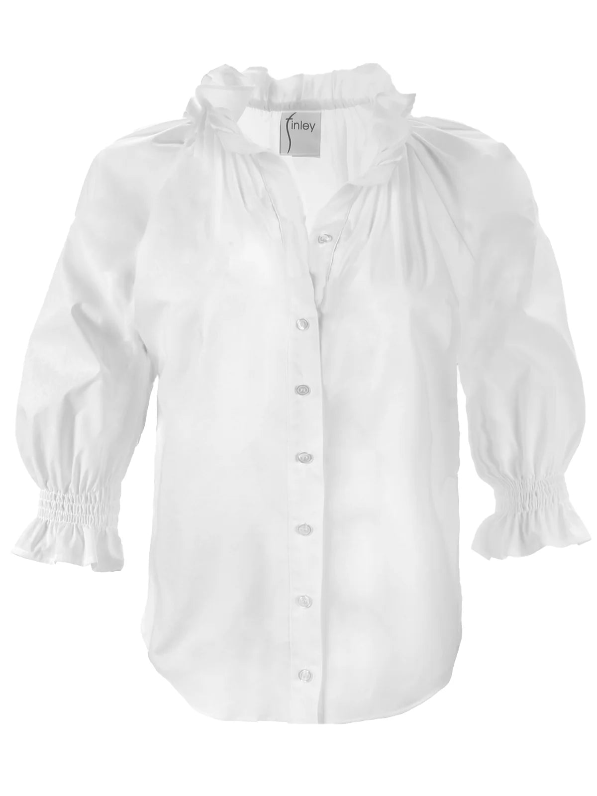 Fiona Ruched White | Poplin Shirt with a Ruffle Neckline and 3/4 Blouson Sleeves
