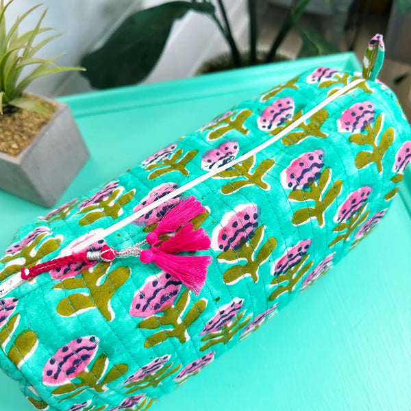 Block Printed Aqua Floral Quilted Cosmetic Bag