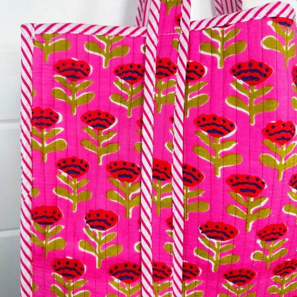 Block Printed Hot Pink Floral Large Quilted Tote Bag