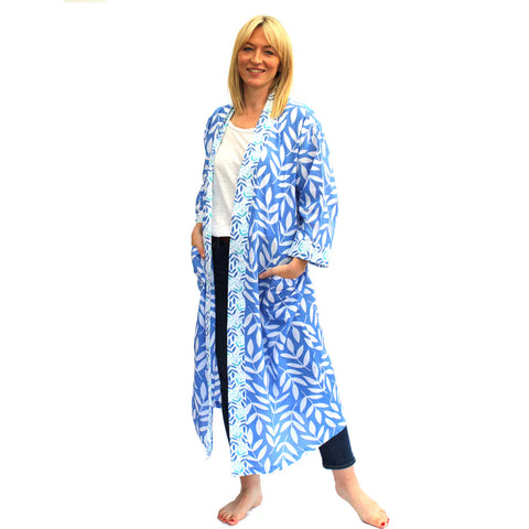 Long Cotton Kimono - Large Leaf China Blue