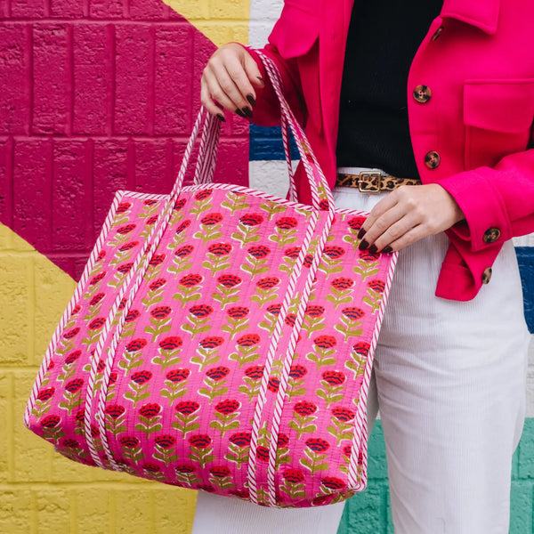 Block Printed Hot Pink Floral Large Quilted Tote Bag