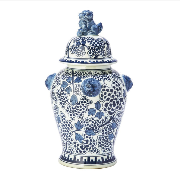 Blue and White Peony Flower Covered Temple Jar with Lion Accents - Hand-Painted Porcelain