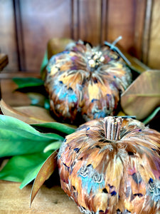 5" Orange & Brown Feather Pumpkin with Twig Stem