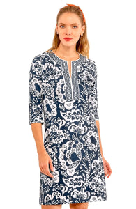 Split Neck Dress - Flora - Navy