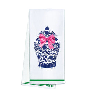 Cotton Tea Towel | Ginger Jar with Pink Bow