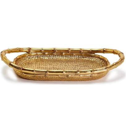 Golden Faux Bamboo ServingTray with Basket Weave Pattern