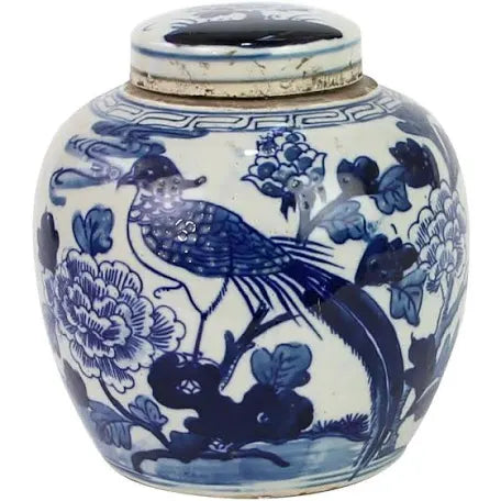 Blue and White Mini Jar Pheasant with Peony