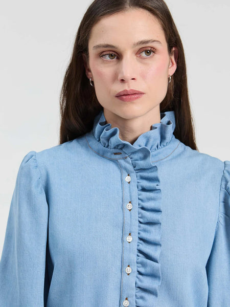 Blue Denim Shirt with Front Ruffles