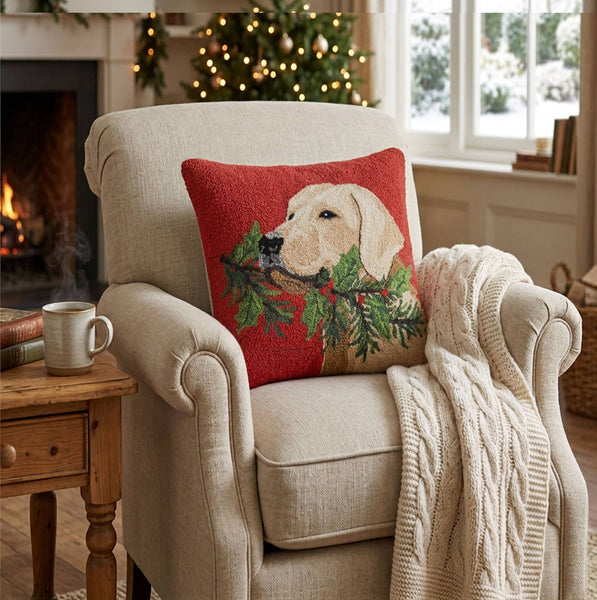 Golden Lab Dog With Holly Branch Hook Pillow - Christmas