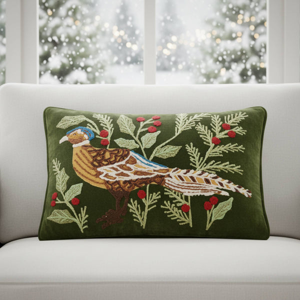 Pheasant Embroidered Pillow