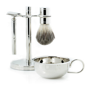 Safety Razor & Pure Badger Brush with Soap Dish on Chrome Stand