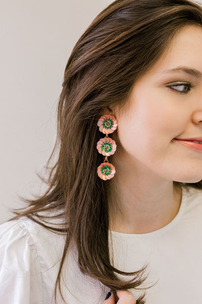 Allie Beads Pink + Green Triple Flower Drop Earrings