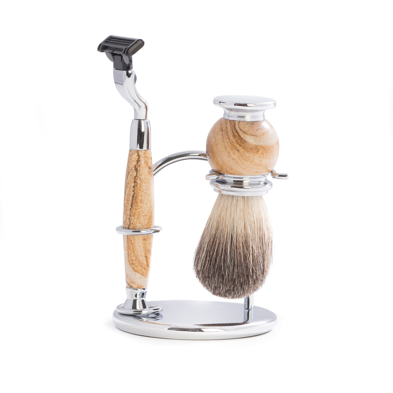 "Mach 3" Razor & Pure Badger Brush on Chrome with Tan Stone Stand