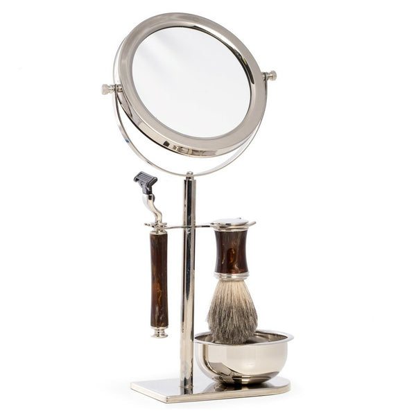 Mach3 Razor & Pure Badger Brush with Marbleized Brown Enamel on Chrome Stand with 3x Magnified Double Sided Mirror
