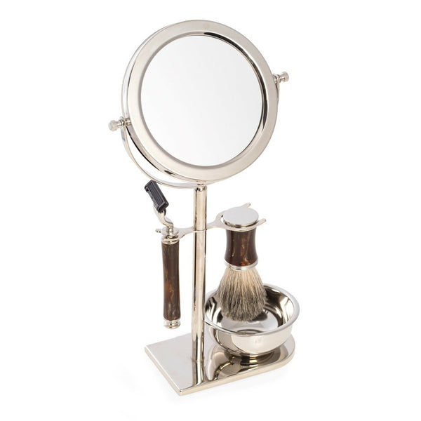 Mach3 Razor & Pure Badger Brush with Marbleized Brown Enamel on Chrome Stand with 3x Magnified Double Sided Mirror