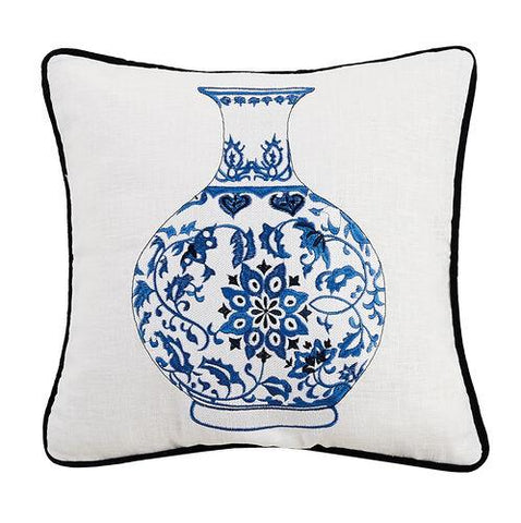 Embroidered Chinoiserie Vase Decorative Pillow