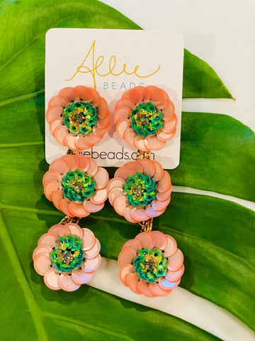 Allie Beads Pink + Green Triple Flower Drop Earrings