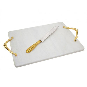 White Marble Challah Tray with Gold Beaded Handles