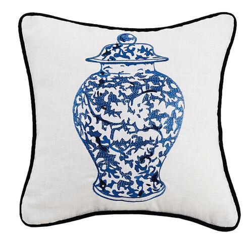 Embroidered Chinoiserie Jar Decorative Pillow