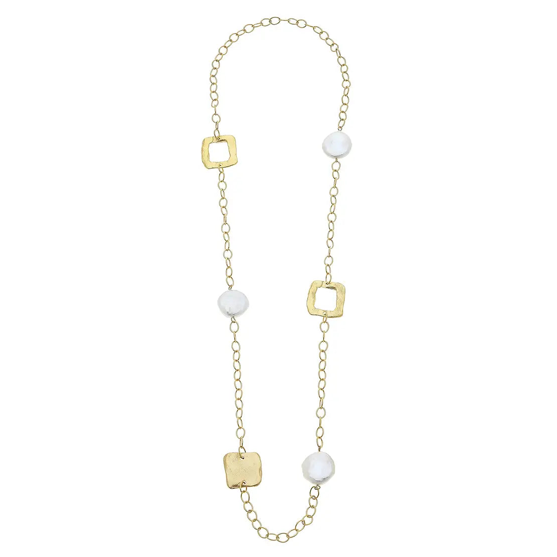 Gold Square and Genuine Large Coin Pearl Chain Necklace