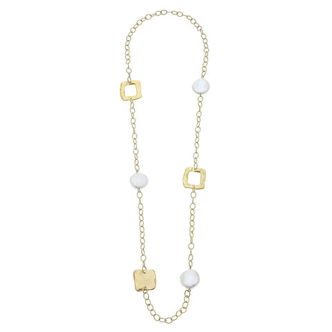 Gold Square and Genuine Large Coin Pearl Chain Necklace