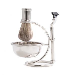 "Mach 3" Razor & Pure Badger Brush with Soap Dish on Chrome Stand