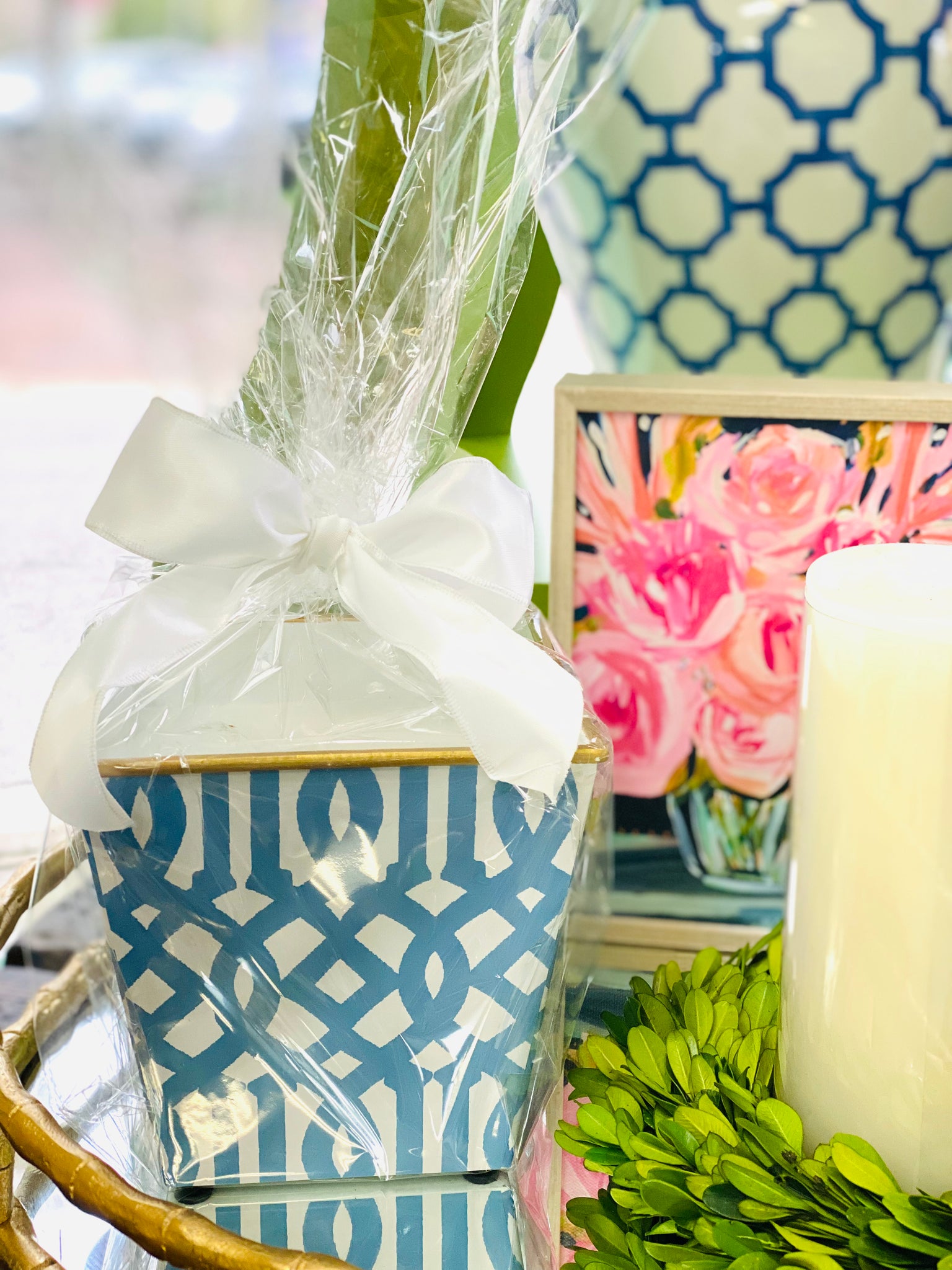 Fretwork Cachepot Candle | Serenity Blue & White