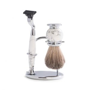 "Mach 3" Razor & Pure Badger Brush on Chrome with White Stone Stand