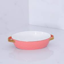 CERAMIC Small Oval Baker with Gold Handles | Salmon