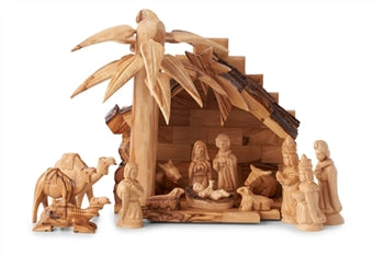 Mini Olive Wood Stable with 3D Palm Tree & Nativity Set with Traditional Figurines and 3 Camels