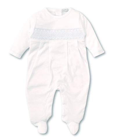 Hand Smocked CLB Charmed White/Light Blue Footie