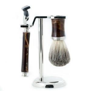 "Fusion" Razor & Pure Badger Brush with Marbleized Brown Enamel on Chrome Stand