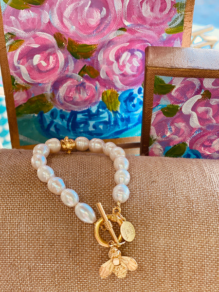 Freshwater Pearl Gold Bee Drop Toggle Bracelet