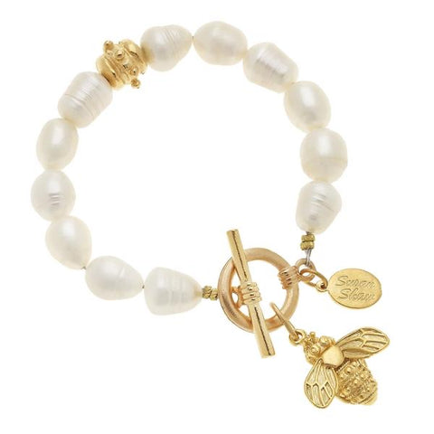 Freshwater Pearl Gold Bee Drop Toggle Bracelet